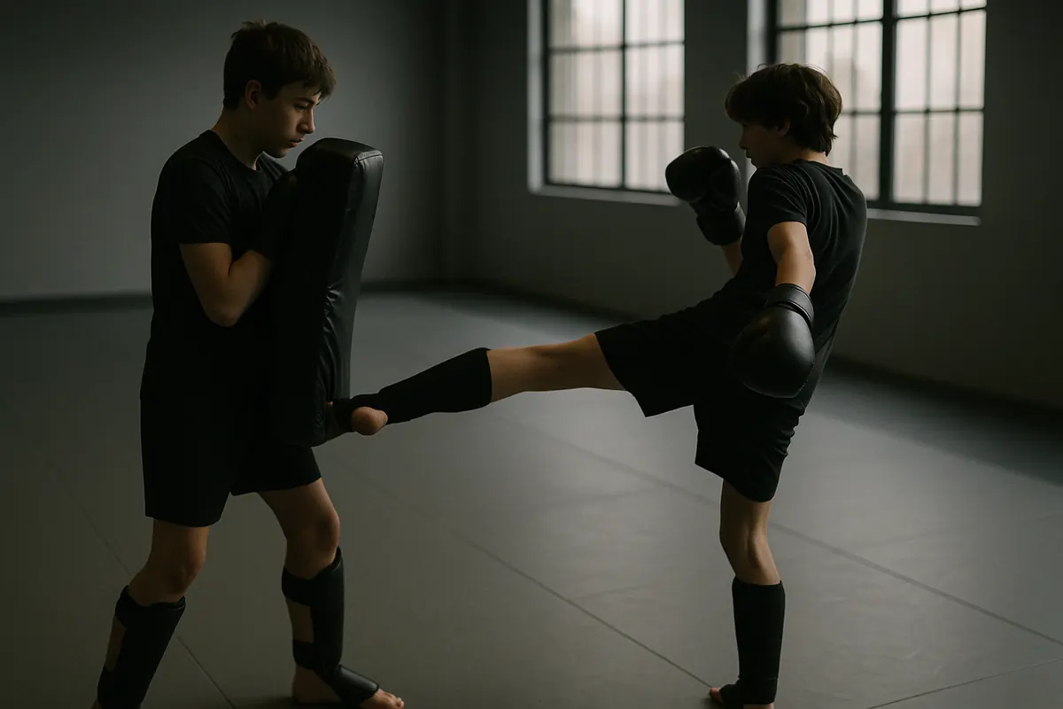 Teenagers drilling kicks on the pads in a kickboxing class