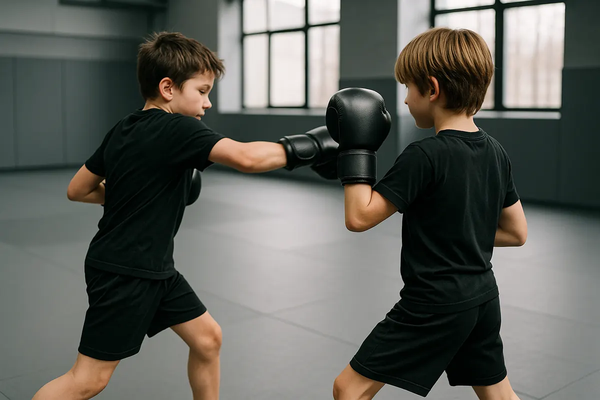 Two children in gloves working a light sparring drill in a juniors kickboxing class