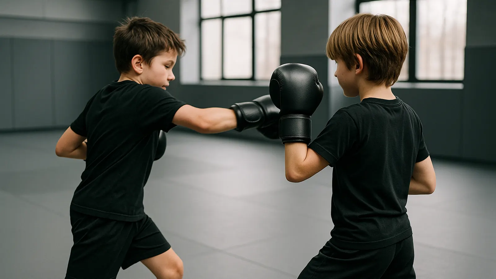 Two children working a light sparring drill in gloves
