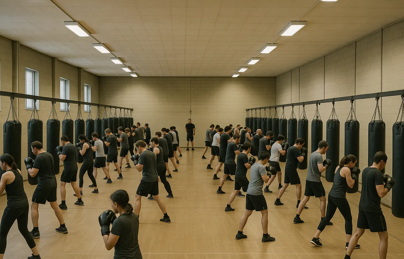 Rows of people working alone on heavy bags in a busy gym class