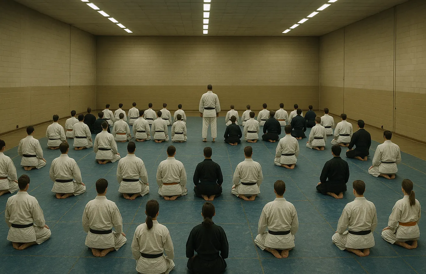 A large crowded class in a municipal sports hall, one instructor at the front and nobody getting individual attention